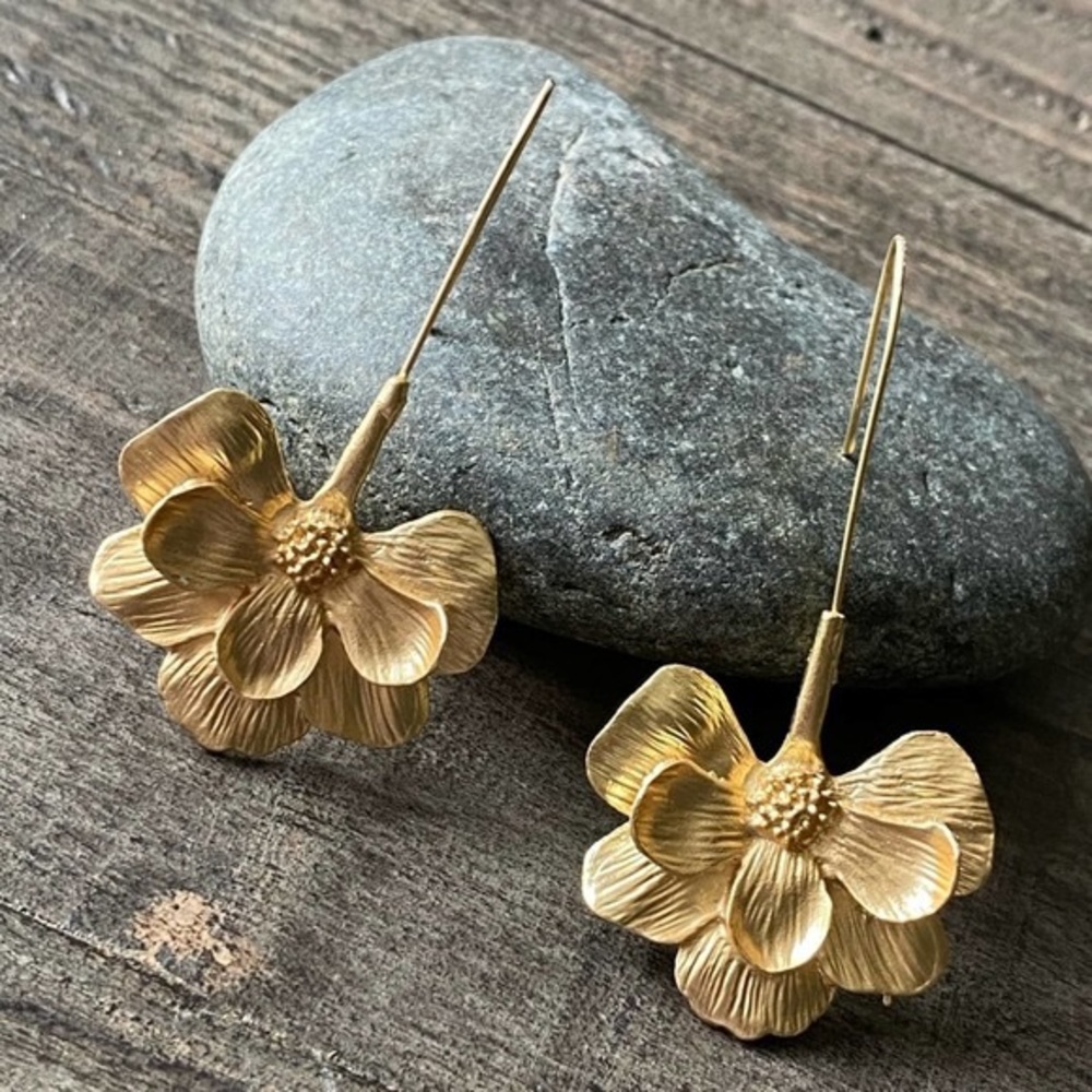 Zara Zinnia Flower Boho Gold Dangle Big Long Drop Earrings - Picture 8 of 15
